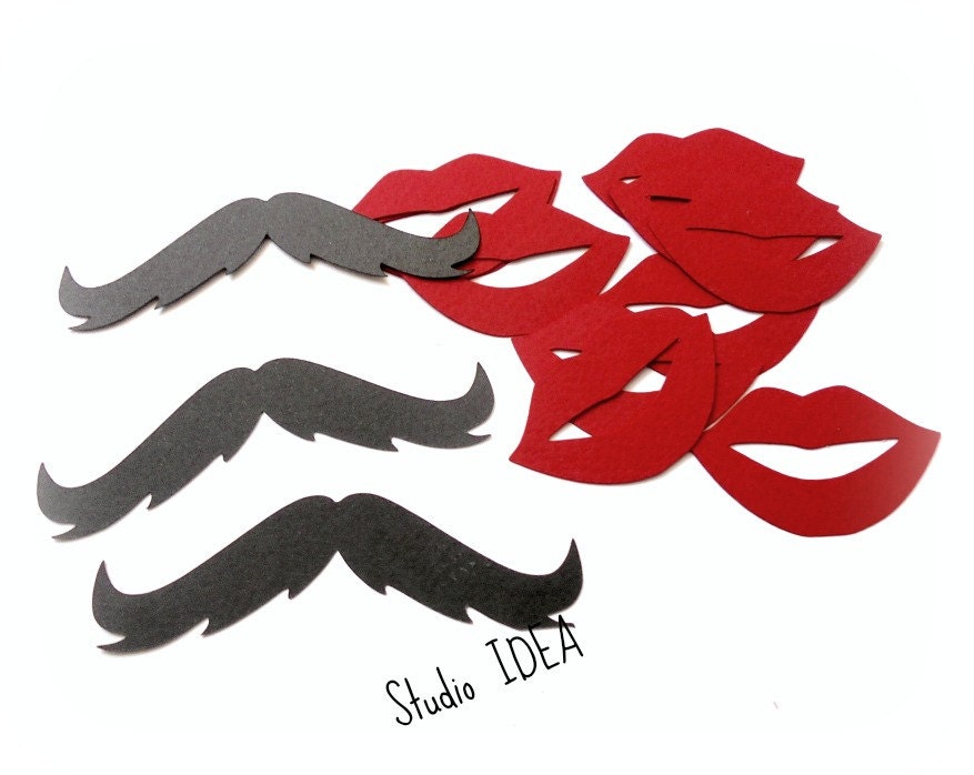 Mixed 3 Black Moustache & Red Lips Mouth Cut outs
