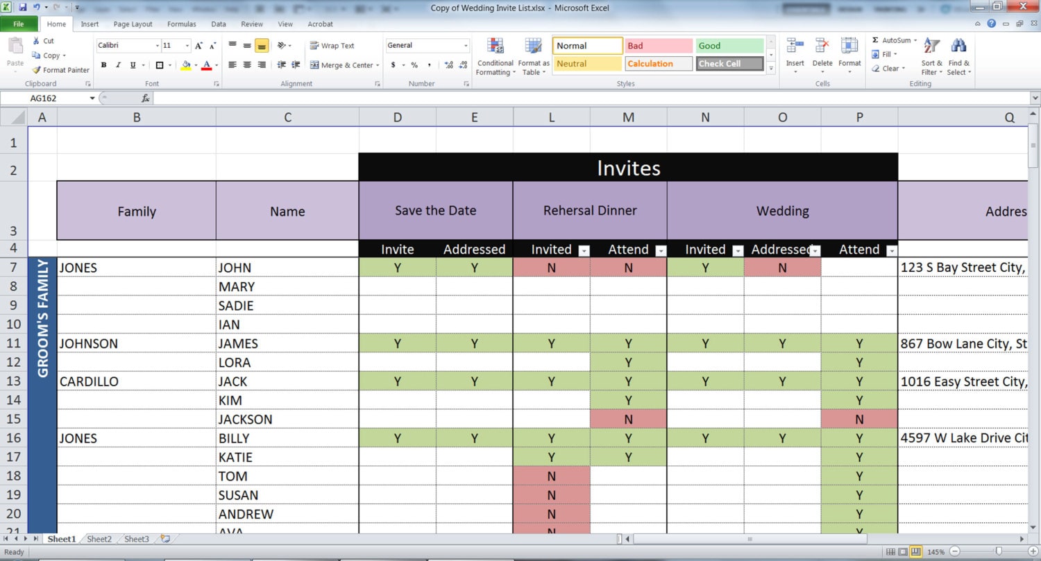 Easy Wedding Guest List Tool Excel Document