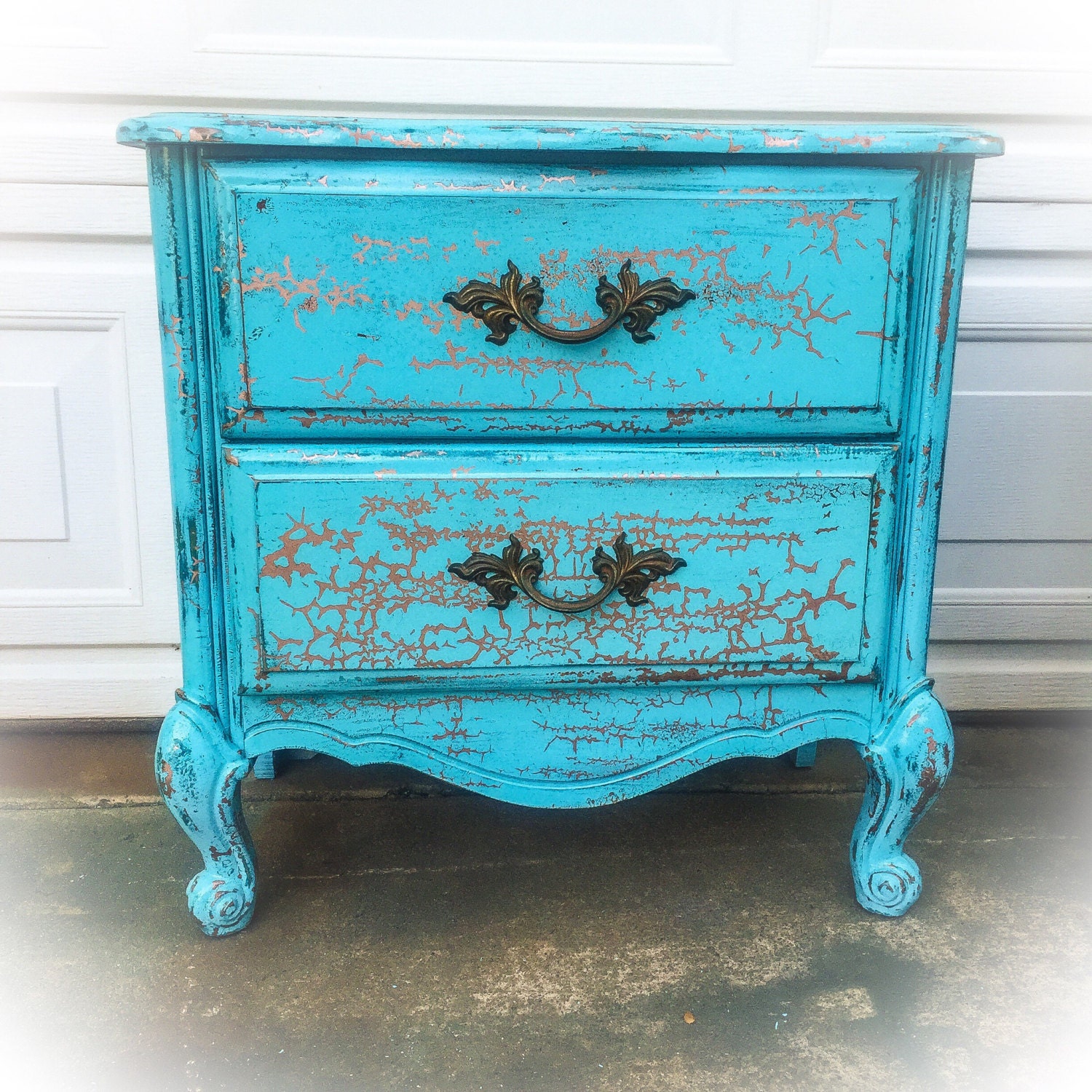 French Country Nightstand blue copper turned legs