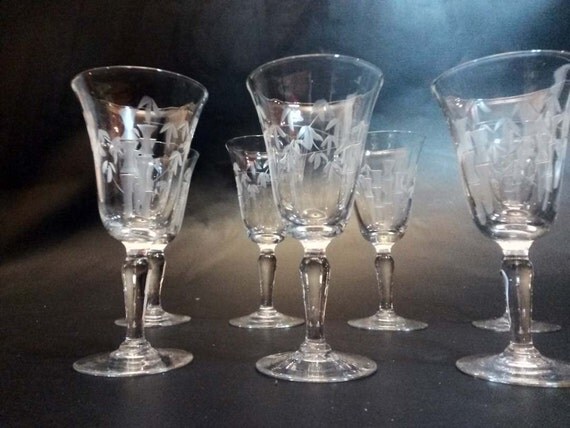 Seven 7 Vintage Noritake Sasaki Crystal Etched Bamboo