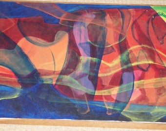 Vintage 1970’s Abstract canvas 29x26 Orange Blue and Red Shapes in psychedelic painting Modern
