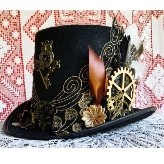 Download STEAMPUNK TOP HAT elegant, black with gold lace, feathers ...