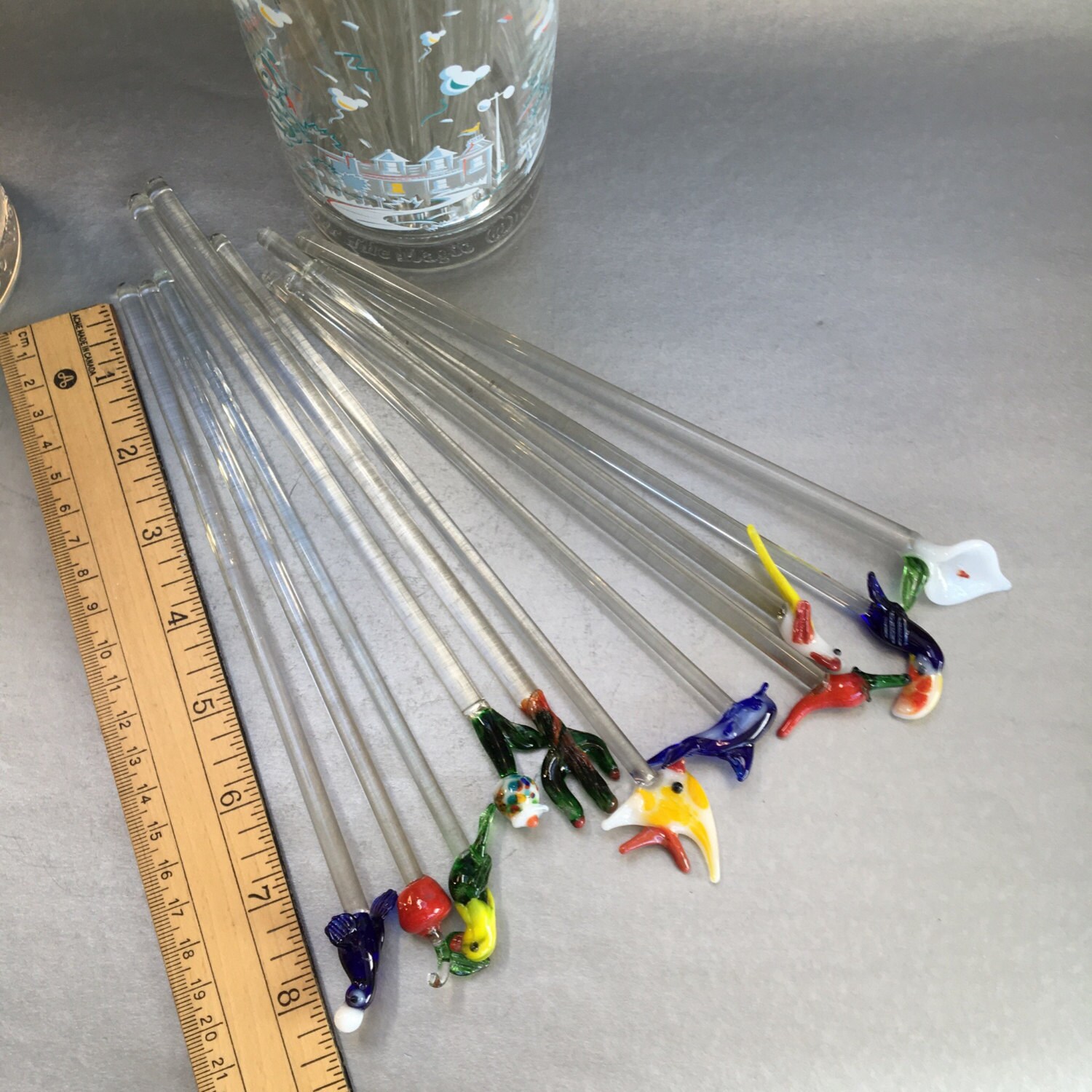 Set of 6 Handblown Glass Swizzlesticks Stir Sticks Birds