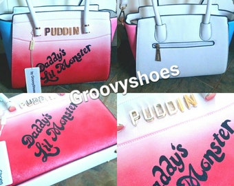 Puddin gold letter. White bag. Harley quinn bag. Daddy's lil monster. Handpainted bag. Unique bag.