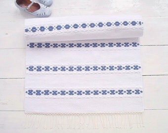 White blue runner rug, scandinavian style rug, cotton rug, handmade, washable, woven on the loom, made to order