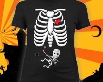 Pregnant Skeleton Shirt - Halloween Pregnancy Costume, Maternity Skeleton Shirt, Old School HockeyMask, Friday the 13th Movie, Jason, CT-785