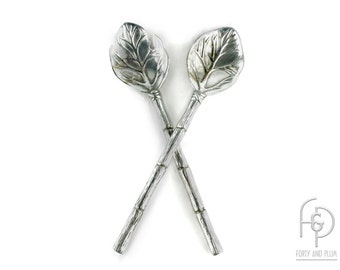 Salad Tossing Set Faux Bamboo Handle and Leaf Cast Metal.