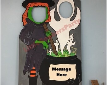 Halloween Photo Booth Prop Wooden, Personalized Witch & Ghosts Photo Op, Fall Outdoor Decoration, Halloween Cutout