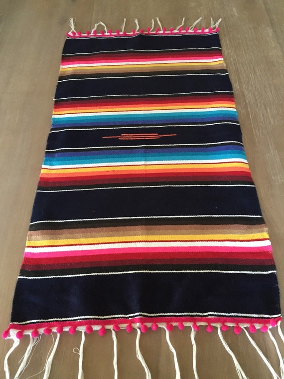 Mexican Serape table runner with Pompom details Southwestern