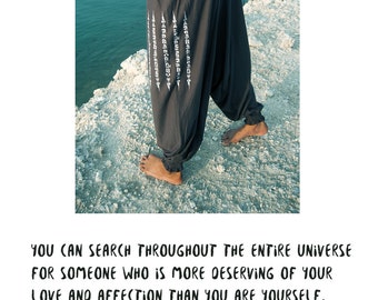 Women Yoga Harem Pants Thai Tattoo Yantra 5 rows Hand Screen Printed Hippie Baggie drop crotch baggy pants - elastic waistband and cuffs