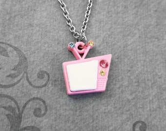 TV Necklace SMALL Retro Tv Jewelry Pink Tv Charm Necklace Television Necklace Television Jewelry Vintage Tv Pendant Necklace 1950's Jewelry