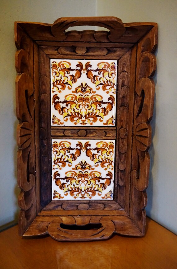 Vintage Mexican Wooden Carved Tray with Porcelain Tiles Hand