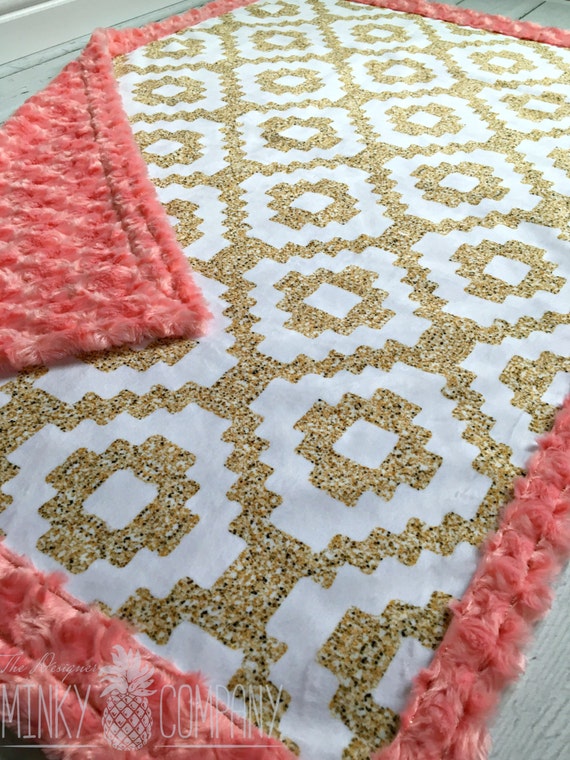 Baby Blanket Aztec Glitter Designer Minky Coral