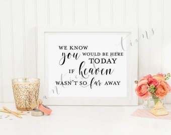 We know You Would Be Here Today If Heaven Wasn't So Far Away Printable Sign. Wedding sign.