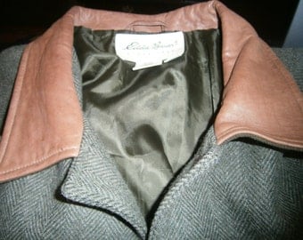 Men's Overcoat - Eddie Bauer - 100% Wool Herringbone-Leather Collar