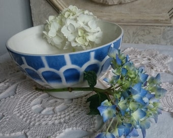 Vintage Café au Lait, Blue and Cream, French Breakfast Bowl, Geometric Design,