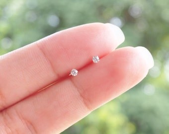 Best Seller - Pair of 2 mm Cubic Zirconia Stud Earrings, 925 Sterling Silver, Birthstone Stud Cartilage, Tiny stud earrings - SA133