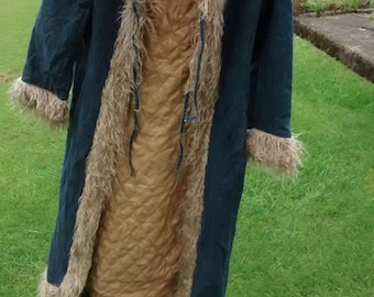 Long Vintage Denim Coat with Faux Fur details