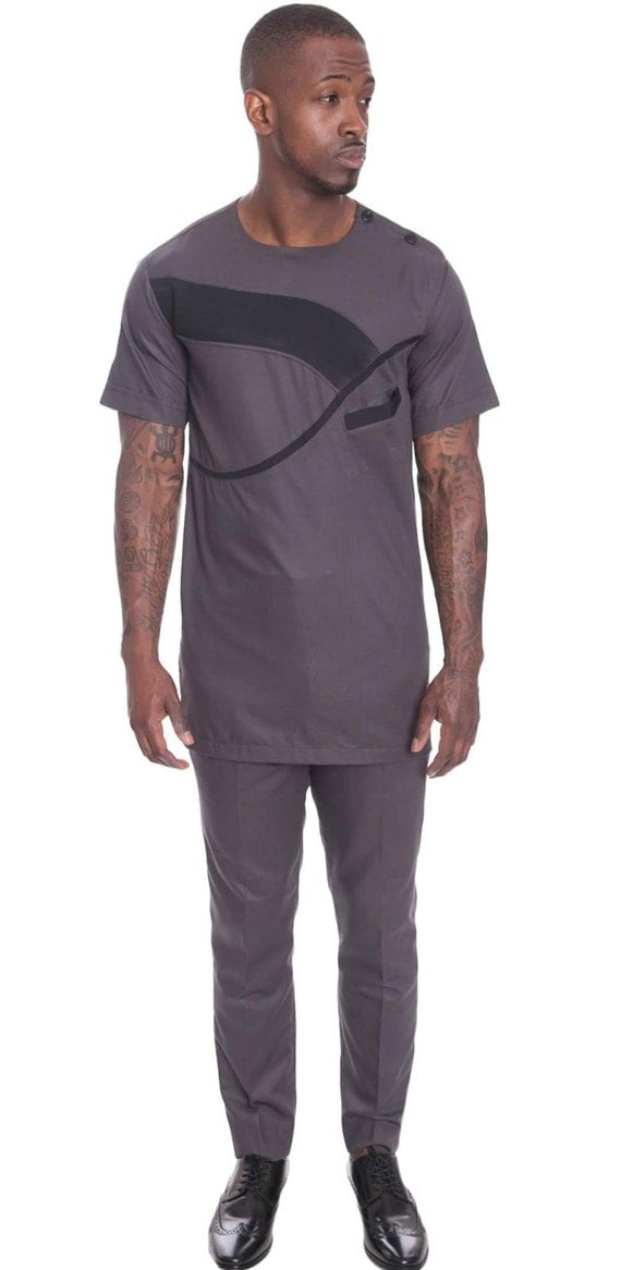 Wavy Grey Men's Tunic, Kaftan, African Shirt. black line details