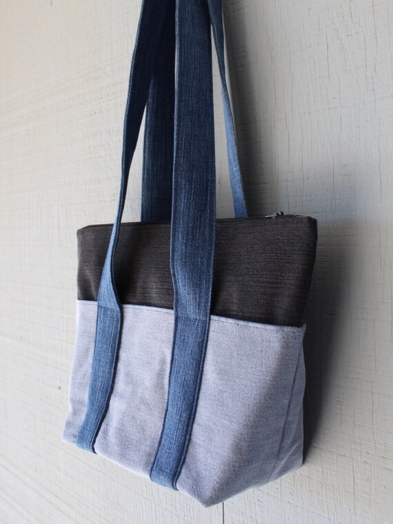 Denim Zipper Top Tote with Six Outside Pockets Two Interior