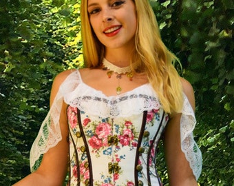 Floral Chained Corset, steampunk,flowers,fantasy,victorian,edwardian,costume,cosplay,fairy fest,festival attire,gift,woman,teen,chain,button