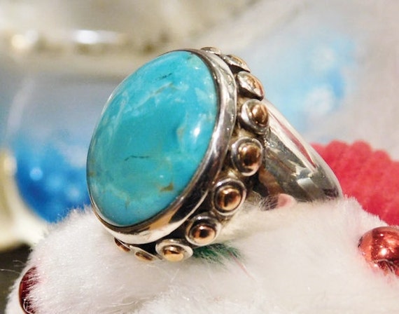 Turquoise Ring BARSE Sterling Silver Statement Modernist Vintage Ring Southwestern Western Gemstone Gem BOHO Bold Chunky Turquoise Copper