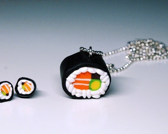 Collana di sushi con orecchini in fimo, gioielli di cibo in miniatura, gioielli di sushi