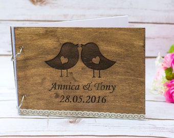 Wedding Guest Book Personalized Wooden Guest Book Love Birds Rustic Guestbook Custom Bride Groom Guestbook pen