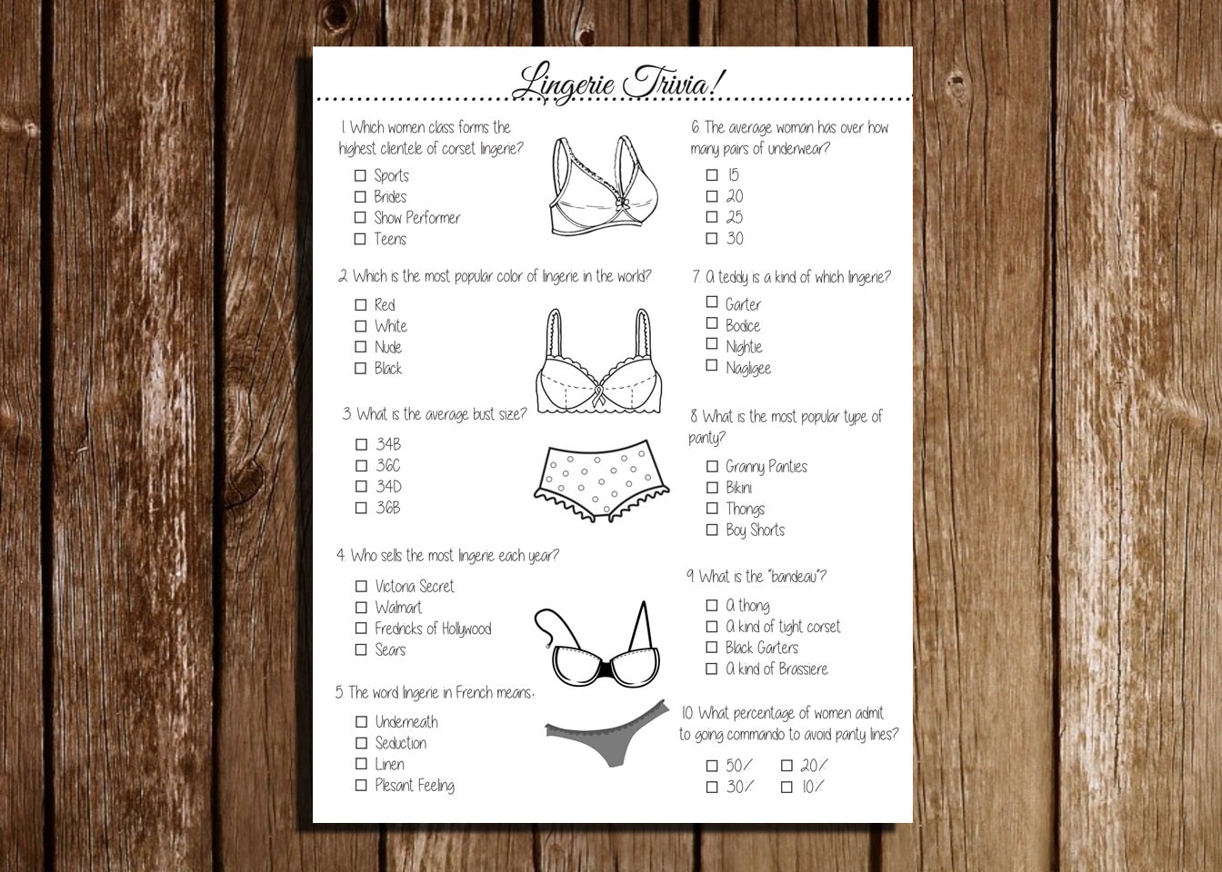 Printable Lingerie Trivia Game Bachelorette Party Bridal 5641