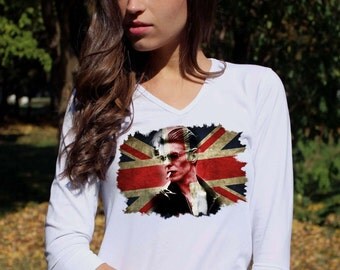 David Bowie T Shirt David Bowie Shirt David Bowie Tees Shirt Ziggy Stardust Bowie Shirt V Neck White Tee Women 3/4 Sleeve Shirt Rock Shirts