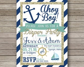 Nautical Baby Shower Invitation, Ahoy it's a boy, Navy Blue Stripes, blue and gold, Diaper Party invite, Couples Shower, Printable,DIGITAL