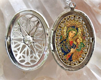Our Lady of Perpetual Help Handmade Locket Necklace Christian Religious Jewelry Medal Pendant Our Lady of Perpetual Succour Theotokos