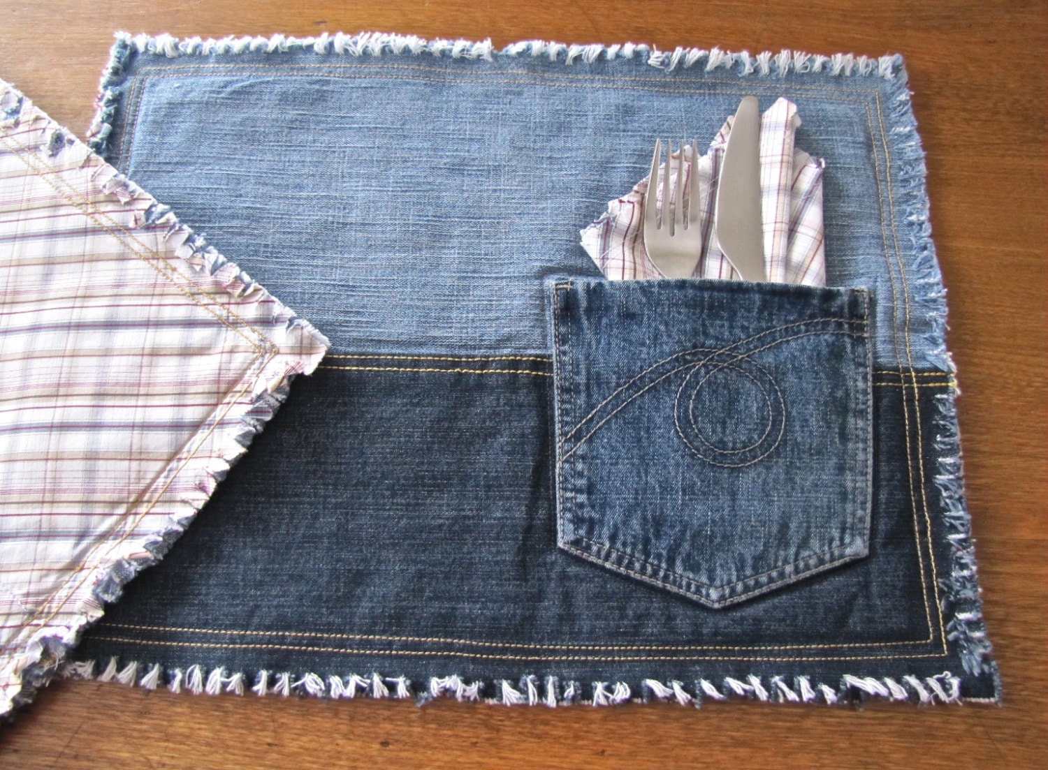 Recycled blue jean 'pocket' placemats reversible with