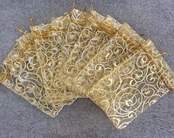10 pc gold swirl print 3x4 organza gift bags jewelry pouches bulk wedding party bridal shower baby shower