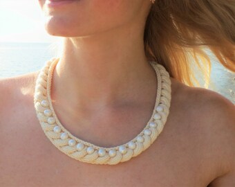 Wedding necklace statement necklace Knit necklace cotton necklace pearl necklace crochet necklace bridal necklace wedding jewelry women gift