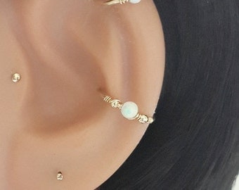 Fire Snow White Opal 3mm Cartilage Earring- Gold Helix Hoop- Silver Cartilage Piercing- Helix Jewelry- 16-22 Gauge- 7-12mm Inner Diameter