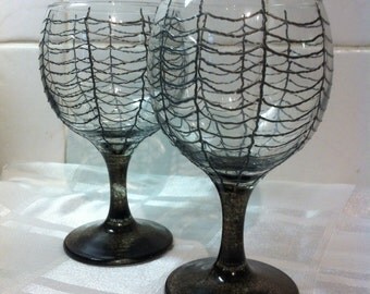 Gothic Black Spiders Web Hand Painted Wine Glasses