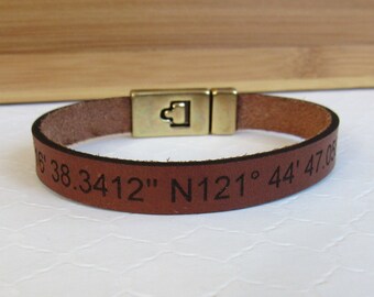 GPS Leather Cuff Bracelet, Engraved Friendship Bracelet, Coordinates Bracelet, Hidden Message Bracelet, Boho Jewelry,Mens or Womens Bracelet