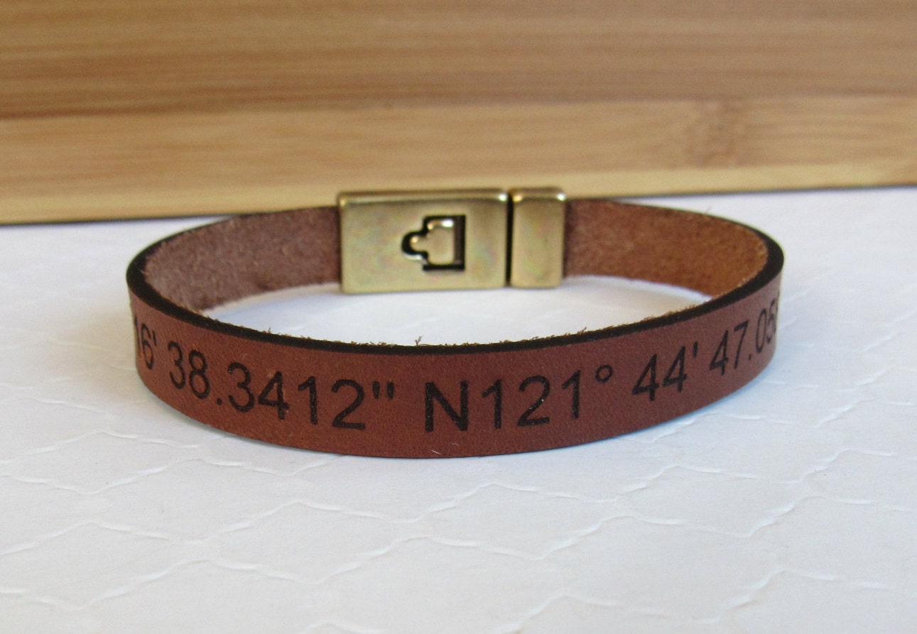 GPS Leather Cuff Bracelet Engraved Friendship Bracelet