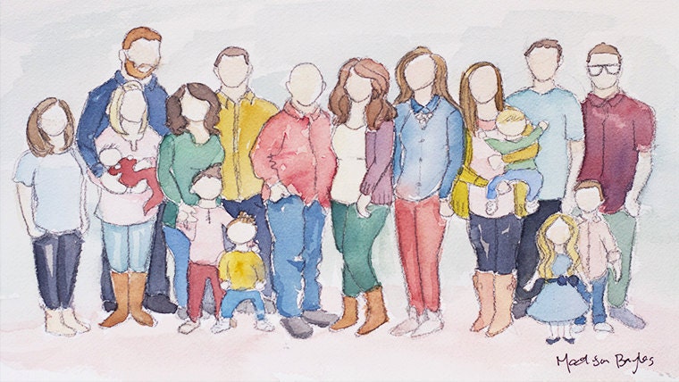 Custom Family Watercolor Portrait Illustration: Extended