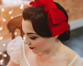 Velvet hair bow -"Bonnie" Vintage style velvet double hair bow cocktail hat, bow fascinator, bow hat - 10 COLOURS - gift for her, handmade