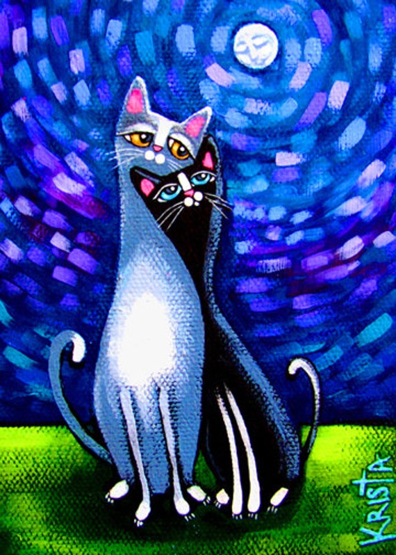 Items similar to Starry Night with Moon CATS Folk Art CAT PRINT