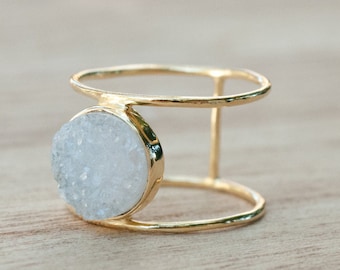 Druzy Ring * Gold Ring * Statement Ring *Gemstone Ring * White Druzy Ring *Labradorite * Aqua Chalcedony *Natural Druzy *Organic Ring*BJR005