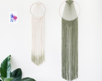 Large Macrame Hoop Wall Hanging / Olive Green Copper Metal / Ombre / Dream Catcher / Dip Dye / Modern / Home Deco / Wall Art / Makrame