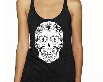 Sugar Skull tank top Womens Shirts Active wear gym tanks screen printed skulls clothing Day of the Dead shirts racer back