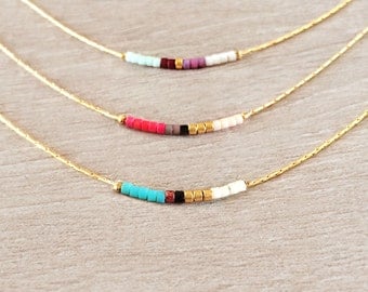 Minimalist Gold Delicate Short Necklace with Tiny Beads // Thin Layering Necklace // Colorful & Simple Boho Gift Necklace