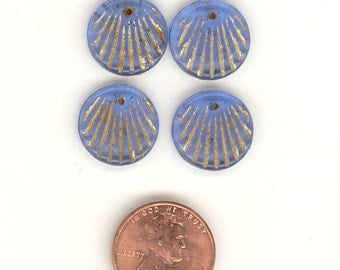 4 Vintage Old Czech Glass Pendants ~ Sapphire Gold Gilt Ribbed Shell 15mm Pend75