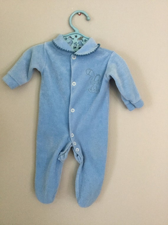 Vintage Soft Blue Bunny Rabbit Baby Footed Pajamas Sleeper 0-3 months
