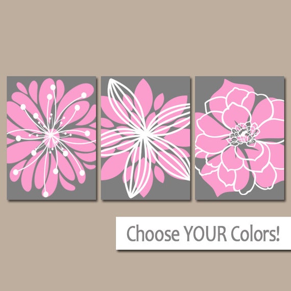 Pink Gray Wall Art Baby Girl Nursery Wall Art Flower Floral