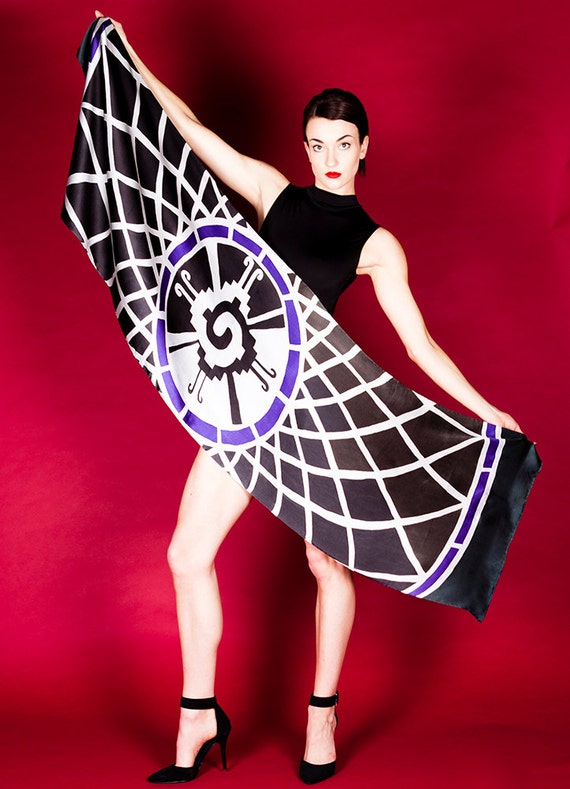 Batik Hand Painted silk scarf with Hunab Ku Maya Sacred symbol. Mandala painted in black, gray, and purple. Charmeuse Silk 21" x72"